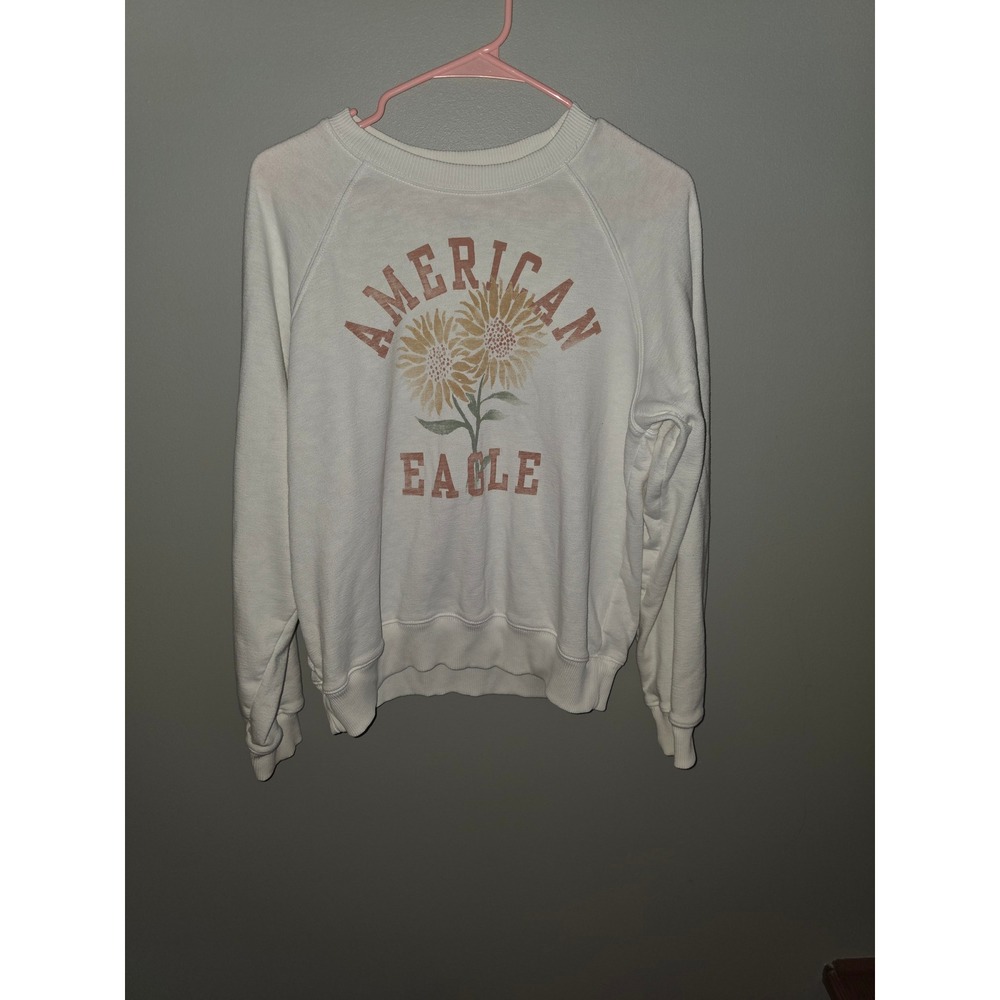 American Eagle Womens Sunflower Graphic Sweatshirt Cream White Raglan Small